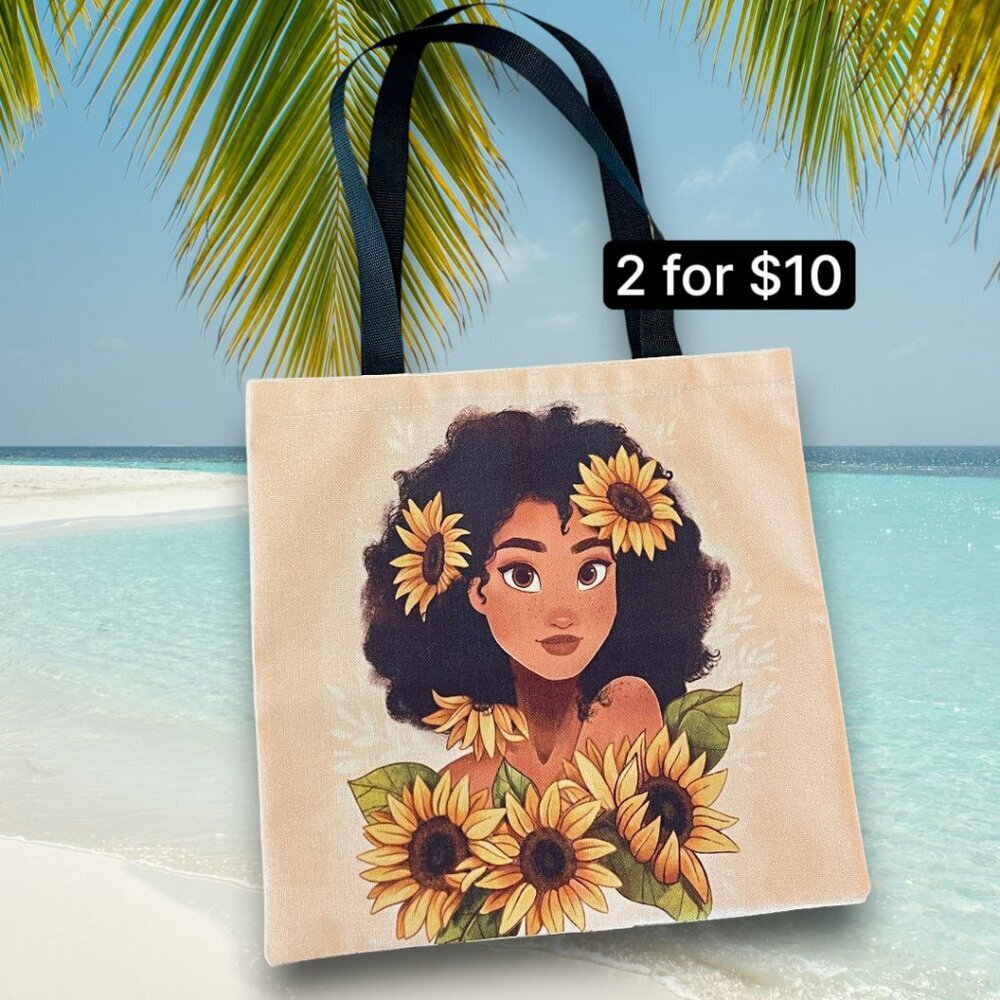 Sweet Hawaiian Girl with Sunflowers Ethnic Fabric Canvas Strap Tote Bag